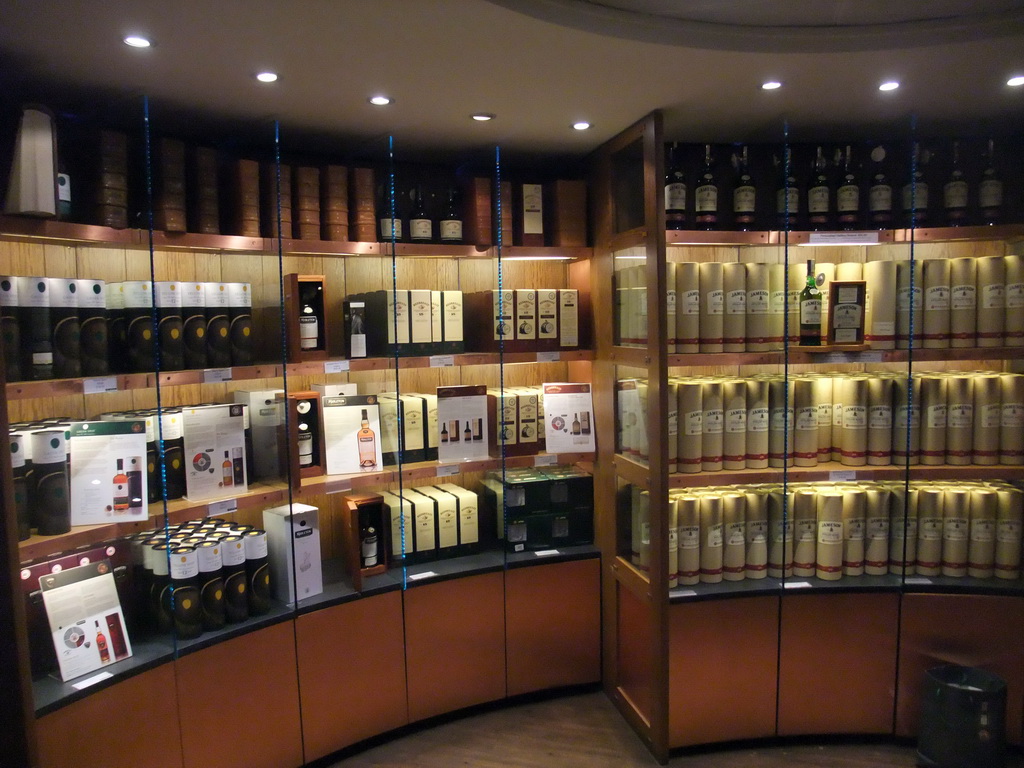 Bottles of whiskey in the shop of the Old Jameson Distillery