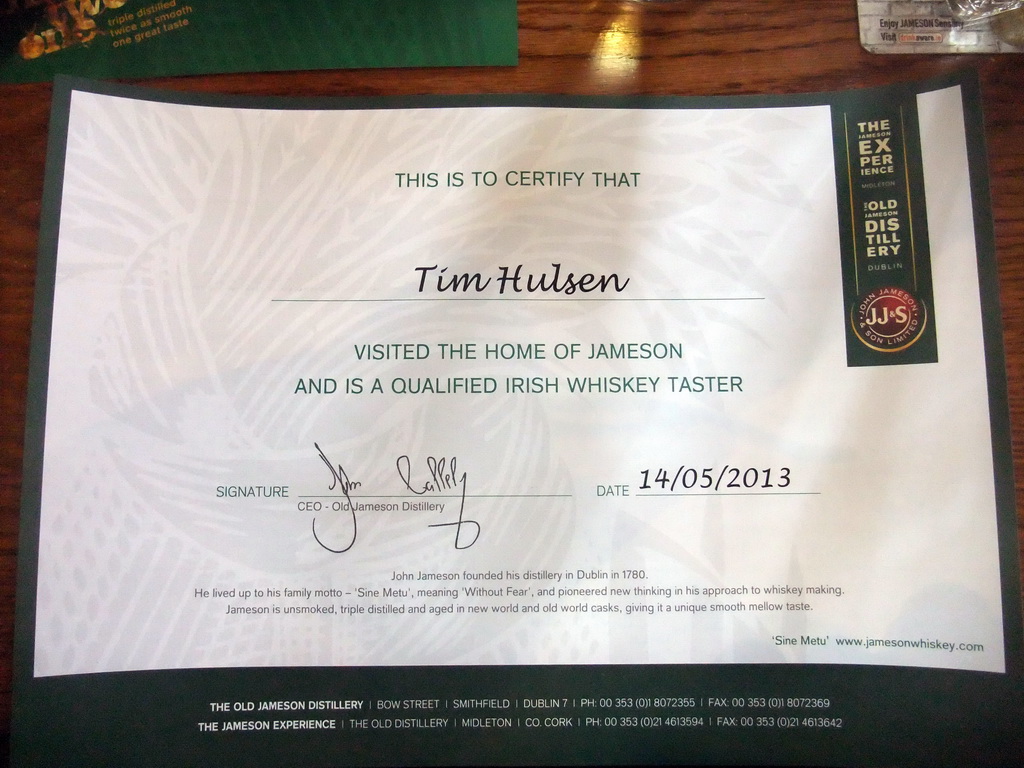 Whiskey tasting diploma at the Old Jameson Distillery