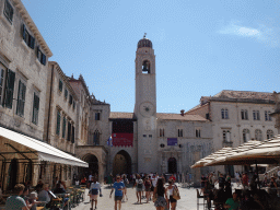 The Bell Tower and Orlando`s Column, under renovation, at the east side of the Stradun street