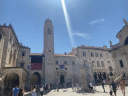 The Bell Tower and Orlando`s Column, under renovation, at the east side of the Stradun street