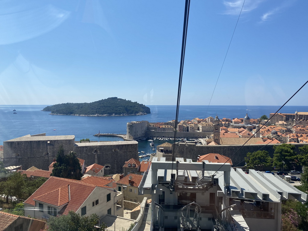 The lower station of the Dubrovnik Cable Car, the Old Town with the Tvrdava Svetog Ivana fortress, the Old Port, the Revelin Fortress, the Dominican Monastery, the Dubrovnik Cathedral and the Church of St. Ignatius and the Lokrum island, viewed from the Dubrovnik Cable Car