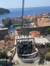 The lower station of the Dubrovnik Cable Car, the Old Town with the Tvrdava Svetog Ivana fortress, the Old Port, the Revelin Fortress, the Dominican Monastery and the Dubrovnik Cathedral and the Lokrum island, viewed from the Dubrovnik Cable Car