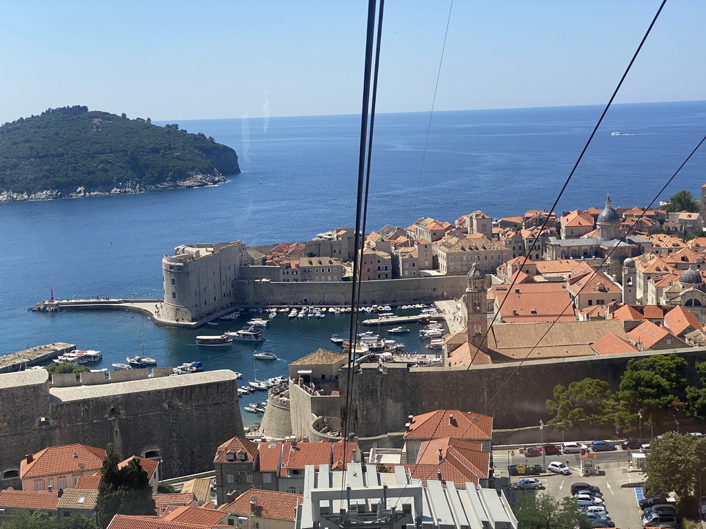 The Old Town with the Tvrdava Svetog Ivana fortress, the Old Port, the Revelin Fortress, the Dominican Monastery and the Dubrovnik Cathedral and the Lokrum island, viewed from the Dubrovnik Cable Car