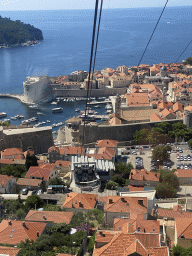The Old Town with the Tvrdava Svetog Ivana fortress, the Old Port, the Revelin Fortress, the Dominican Monastery and the Dubrovnik Cathedral and the Lokrum island, viewed from the Dubrovnik Cable Car