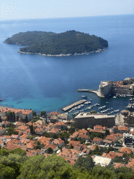 The Old Town with the Tvrdava Svetog Ivana fortress, the Old Port and the Revelin Fortress and the Lokrum island, viewed from the Dubrovnik Cable Car
