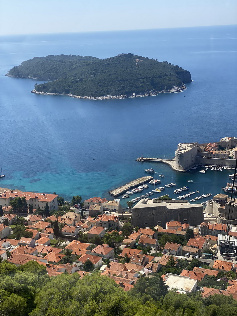 The Old Town with the Tvrdava Svetog Ivana fortress, the Old Port and the Revelin Fortress and the Lokrum island, viewed from the Dubrovnik Cable Car