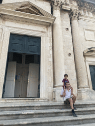 Tim and Max in front of the Dubrovnik Cathedral at the Poljana Marina Drica square