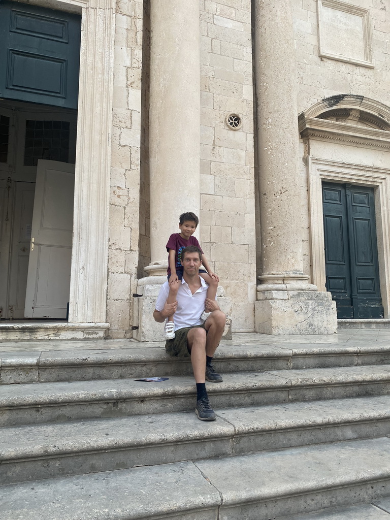 Tim and Max in front of the Dubrovnik Cathedral at the Poljana Marina Drica square