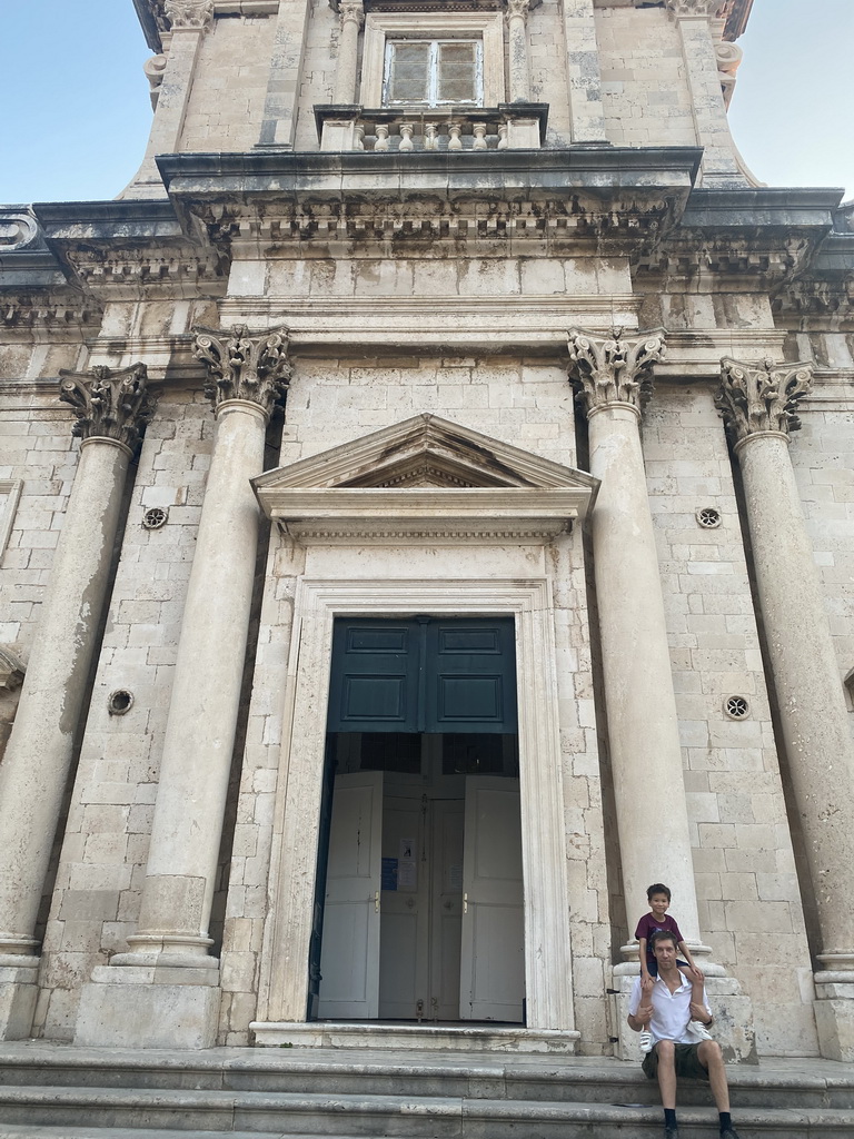 Tim and Max in front of the Dubrovnik Cathedral at the Poljana Marina Drica square