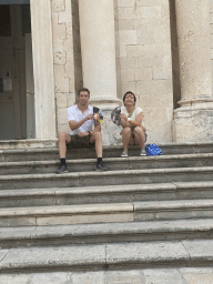 Tim and Miaomiao in front of the Dubrovnik Cathedral at the Poljana Marina Drica square