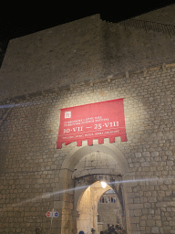 Facade of the gate from the Stradun street to the area behind the Pile Gate, by night