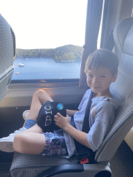 Max at the bus to the Dubrovnik Airport on the Jadranska Cesta road, with a view on the Lokrum island