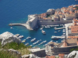 The Old Town with the Tvrdava Svetog Ivana fortress, the Old Port, the Dominican Monastery and the Revelin Fortress, viewed from the terrace of the Restaurant Panorama at Mount Srd