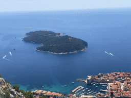 The Old Town with the Tvrdava Svetog Ivana fortress and the Old Port  and the Lokrum island, viewed from the viewing platform at the upper station of the Dubrovnik Cable Car