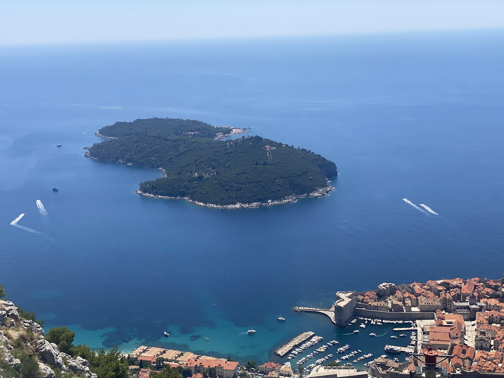 The Old Town with the Tvrdava Svetog Ivana fortress and the Old Port  and the Lokrum island, viewed from the viewing platform at the upper station of the Dubrovnik Cable Car
