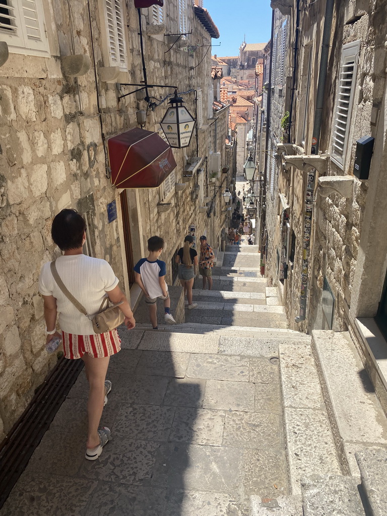 Miaomiao and Max at the staircase at the Bokoviceva Ulica street, with a view on the Church of St. Ignatius