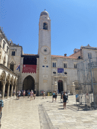 The Bell Tower and Orlando`s Column, under renovation, at the east side of the Stradun street