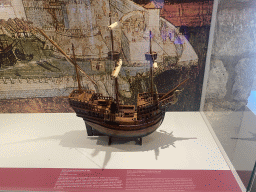 Scale model of a Dubrovnik Carrack of 1500 at the lower floor of the Maritime Museum, with explanation