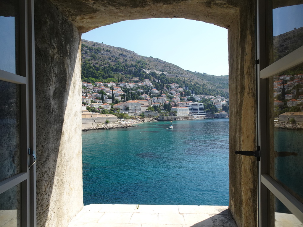 The east side of the city with the Lazareti Creative Hub of Dubrovnik, the Plaa Banje beach and the Hotel Excelsior, viewed from the upper floor of the Maritime Museum