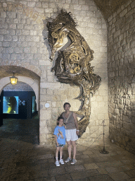 Miaomiao and Max with a seahorse statue at the Dubrovnik Aquarium
