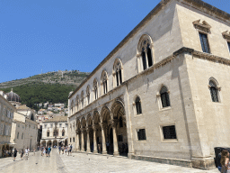 The Ulica Pred Dvorom street with the front of the Rector`s Palace, St. Blaise`s Church and Mount Srd