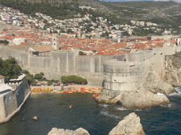 The Old Town with the Tvrdava Bokar fortress, Kolorina Bay and kayaks at Bokar Beach, viewed from the staircase to Fort Lovrijenac