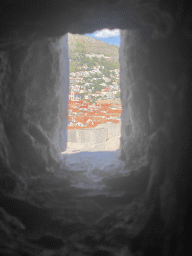 The Old Town with the Tvrdava Bokar fortress, viewed through a window at the ground floor of Fort Lovrijenac