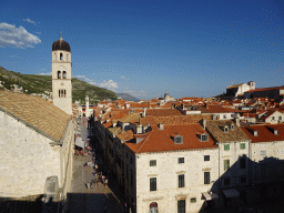 The Stradun street with the tower of the Franciscan Church and the Bell Tower, the Dubrovnik Cathedral and the Church of St. Ignatius, viewed from the top of the Pile Gate