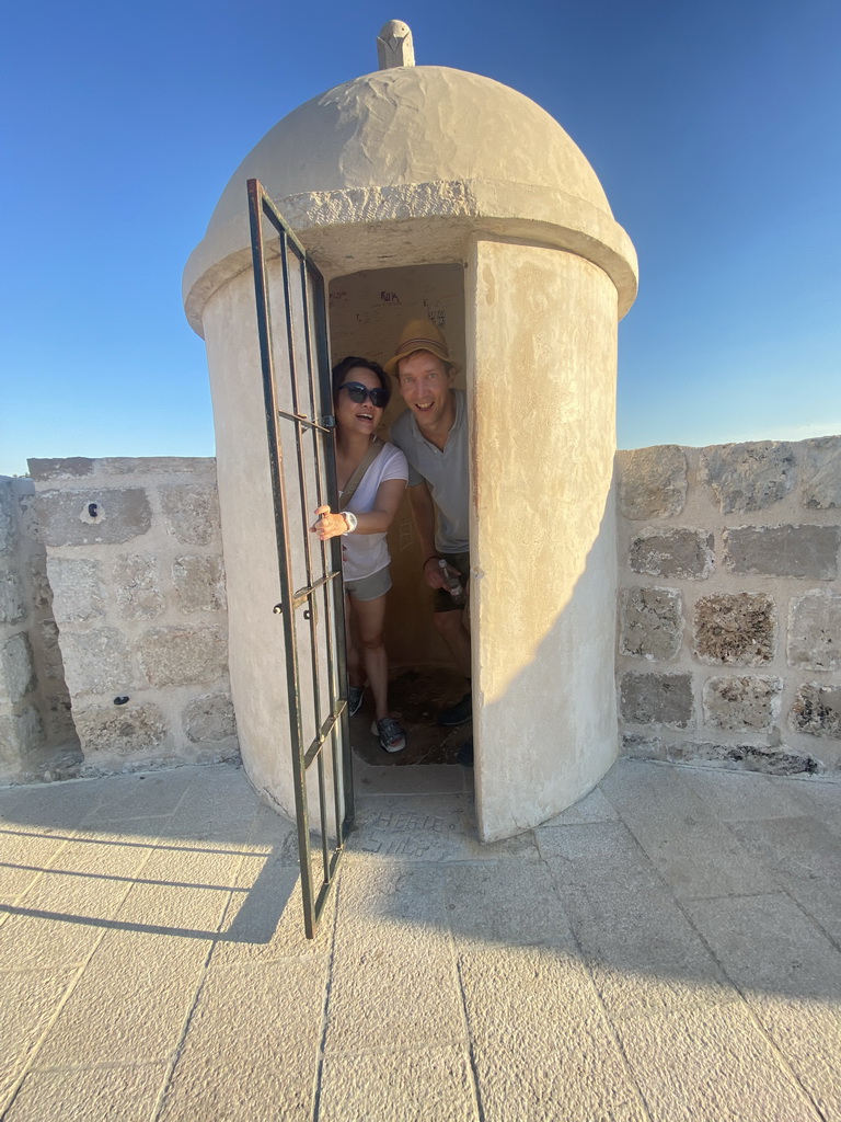 Tim and Miaomiao at a guard house on top of the Kula sv. Margarita fortress