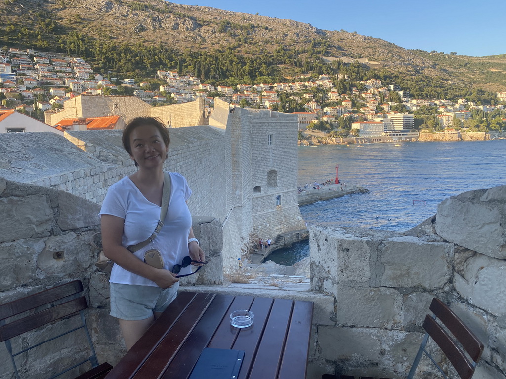 Miaomiao on top of the Kula sv. Spasitelj fortress, with a view on the Tvrdava Svetog Ivana fortress, the Porporela Pier and the east side of the city