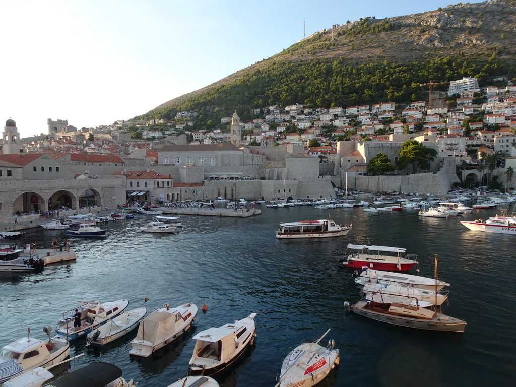 The Old Port, the Bell Tower, the Tvrdava Minceta fortress, the Dominican Monastery, the Revelin Fortress and Mount Srd, viewed from the eastern city walls