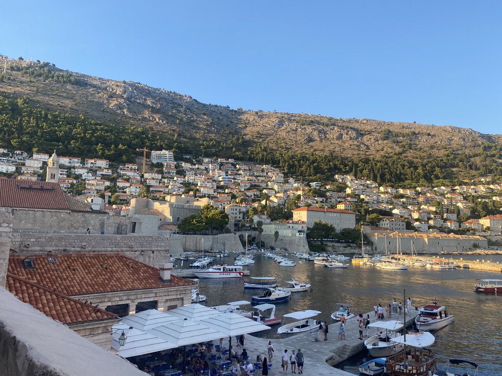 The Old Port, the Dominican Monastery, the Revelin Fortress and the east side of the city with the Lazareti Creative Hub of Dubrovnik, the Plaa Banje beach and the Hotel Excelsior, viewed from the eastern city walls