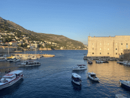 The Old Port, the Tvrdava Svetog Ivana fortress and the east side of the city with the Lazareti Creative Hub of Dubrovnik, the Plaa Banje beach and the Hotel Excelsior, viewed from the top of the eastern city walls