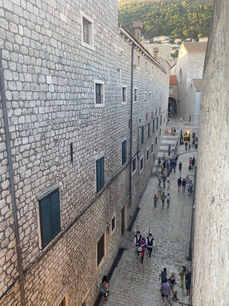 The Ulica Svetog Dominika street with guards, the east side of the Sponza Palace and the staircase to the Dominican Monastery, viewed from the eastern city walls