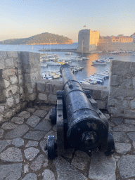 Cannon at the Revelin Fortress, with a view on the Old Port, the Tvrdava Svetog Ivana fortress and the Lokrum island