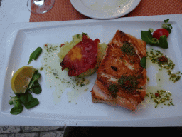 Salmon at the terrace of the Konoba Saint Blaise restaurant at the Zeljarica Ulica street