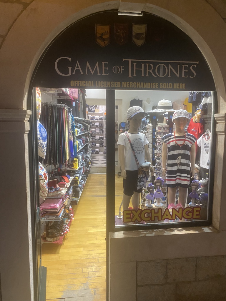 Front of a Game of Thrones souvenir store at the Ulica Pred Dvorom street, by night