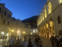 The Ulica Pred Dvorom street with the Rector`s Palace, the Sponza Palace and St. Blaise`s Church and Mount Srd, by night