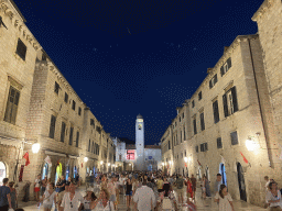 The east side of the Stradun street with the Bell Tower, by night