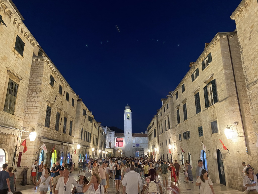 The east side of the Stradun street with the Bell Tower, by night