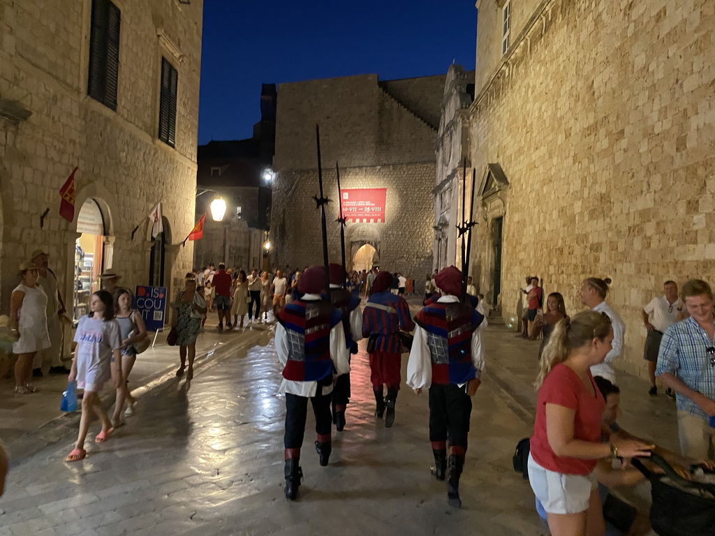 Guards, the Large Onofrio Fountain and the Church of St. Salvation at the west side of the Stradun street, by night