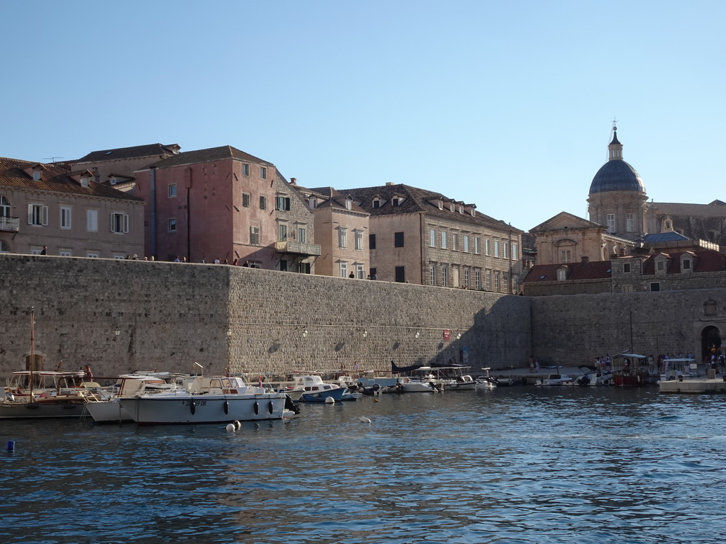 The Old Port with the eastern city walls and the Dubrovnik Cathedral, viewed from the ferry from the Lokrum island