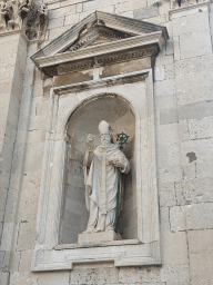 Statue at the facade of the Dubrovnik Cathedral, viewed from the Poljana Marina Drica street