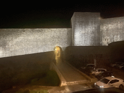 The northern city walls with the Bua Gate, viewed from the tour bus from Perast on the Ulica Maria Perica street, by night