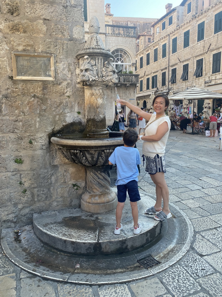 Miaomiao and Max getting water at the Small Lionhead Fountain at the Gunduliceva Poljana market square