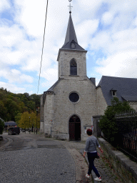Miaomiao and the Église Saint-Nicolas church at the Rue du Comte Théodule d`Ursel street