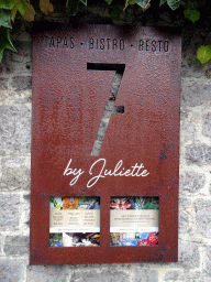 Sign at the entrance to the Le 7 by Juliette restaurant at the Rue des Récollectines street
