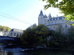 The Ourthe river, the Église Saint-Nicolas church and the Durbuy Castle, viewed from the parking place of the Topiary Park