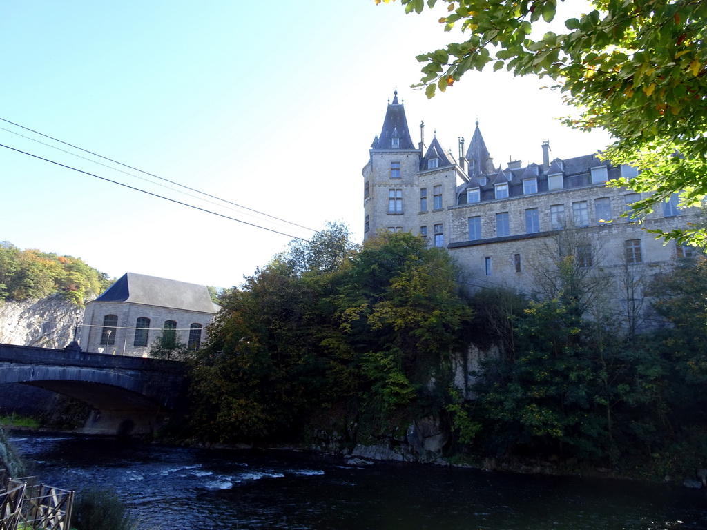 The Ourthe river, the Église Saint-Nicolas church and the Durbuy Castle, viewed from the parking place of the Topiary Park