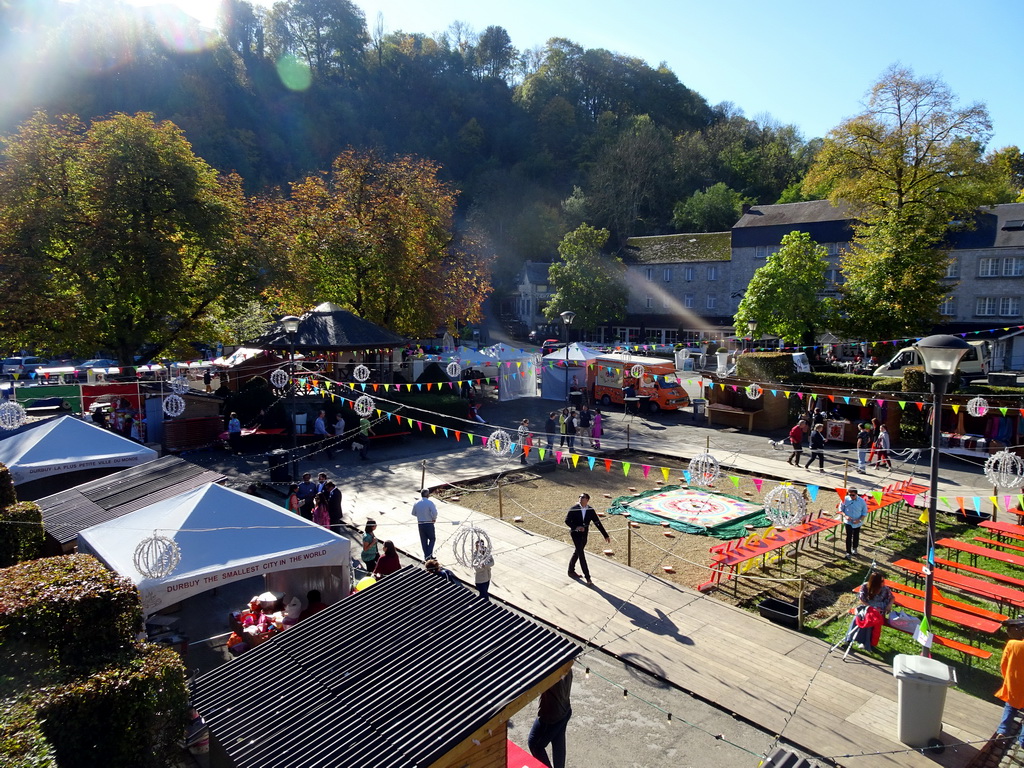 South side of the Place aux Foures square with decorations for the Diwali festival, viewed from the Rue du Comte Théodule d`Ursel street